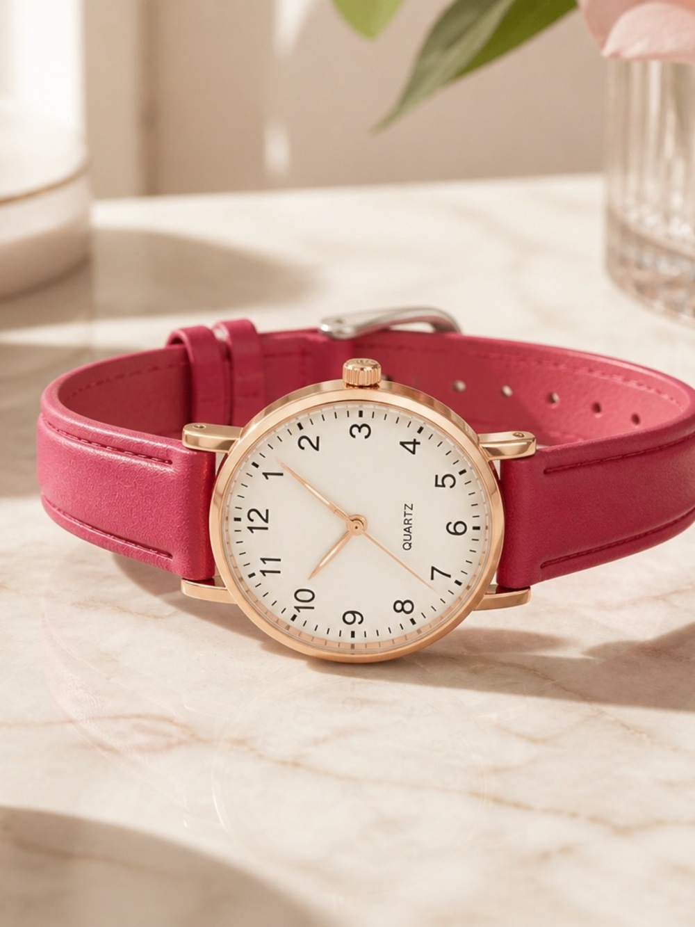 Women's Red Leather Strap Quartz Watch